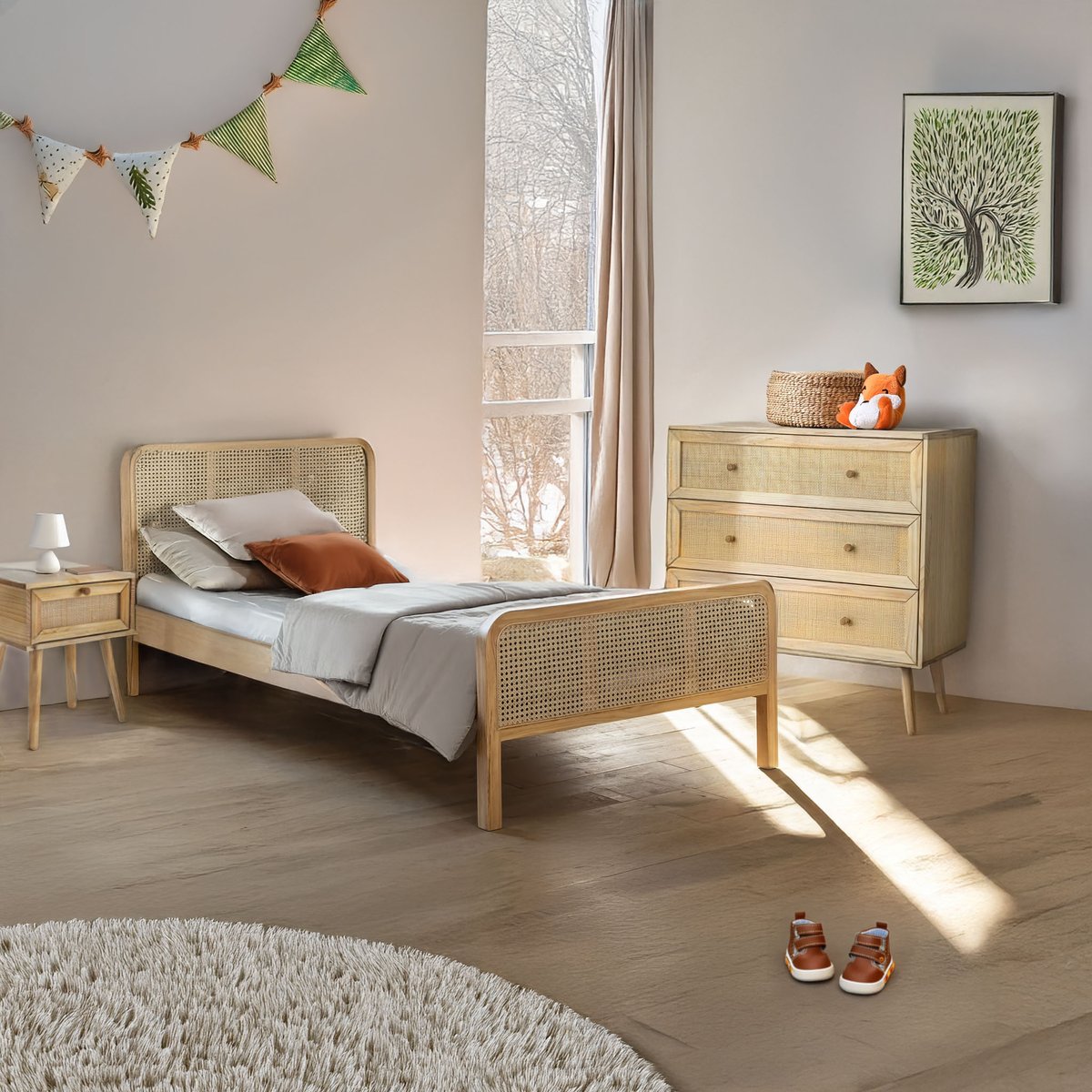Chambre complète lit cannage enfant avec commode et chevet - ANNA bois naturel, TERRE DE NUIT