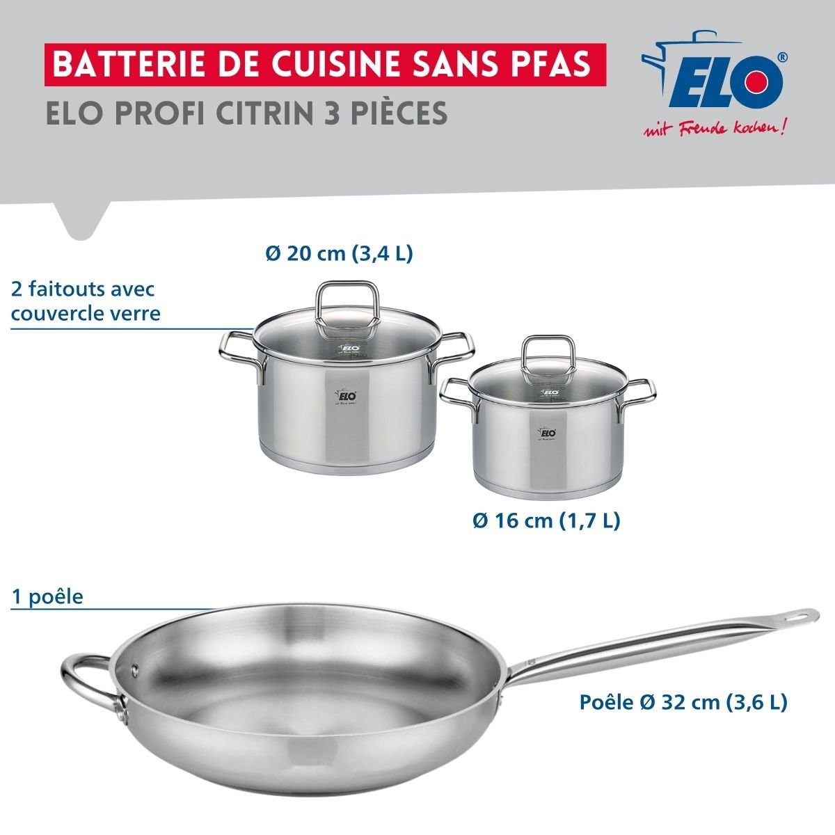 Batterie 1 poêle 32cm + 2 faitouts 16/20cm PROFI CITRIN gris, ELO