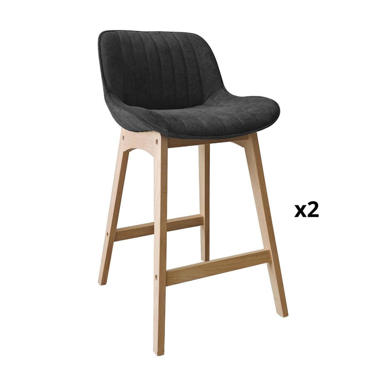 Lot de chaises de bar en chêne et tissu velours côtelé H65cm NORDEN noir, MOB IN