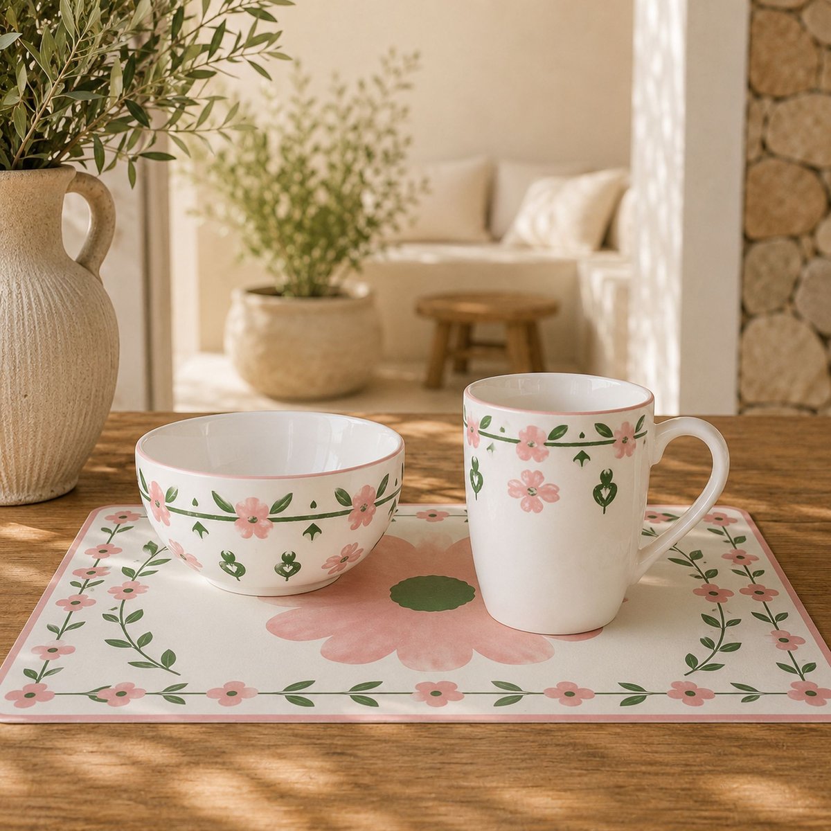 Lot de 6 mugs 36cl en porcelaine, PRIMAVERA blanc-rose, NOVASTYL