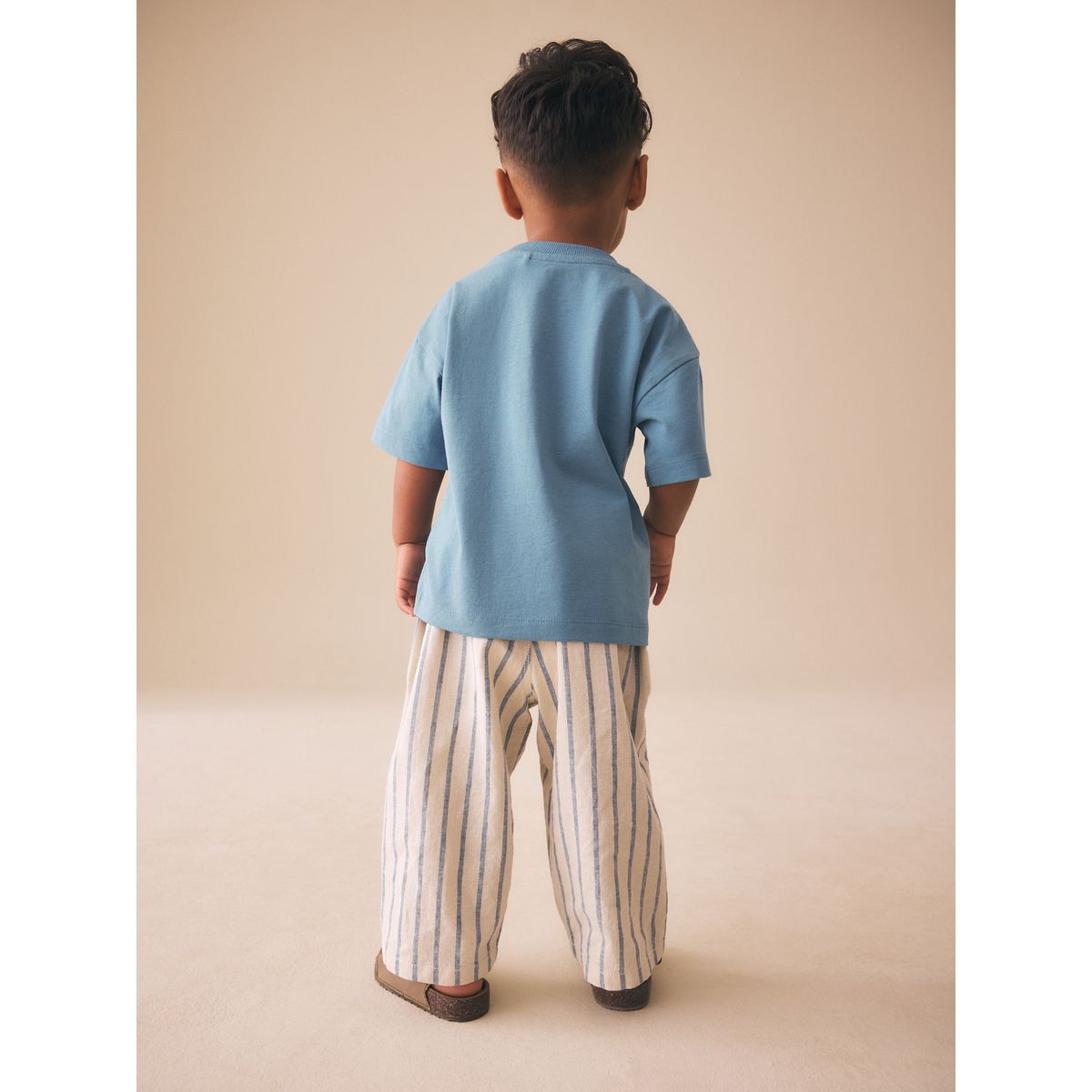 Pantalon large à enfiler en lin mélangé bleu/écru, NEXT