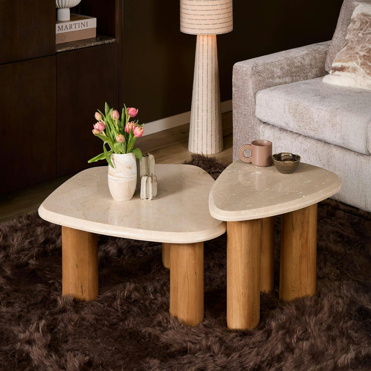 Table basse travertin bois design organique DUOMO beige, PIER IMPORT