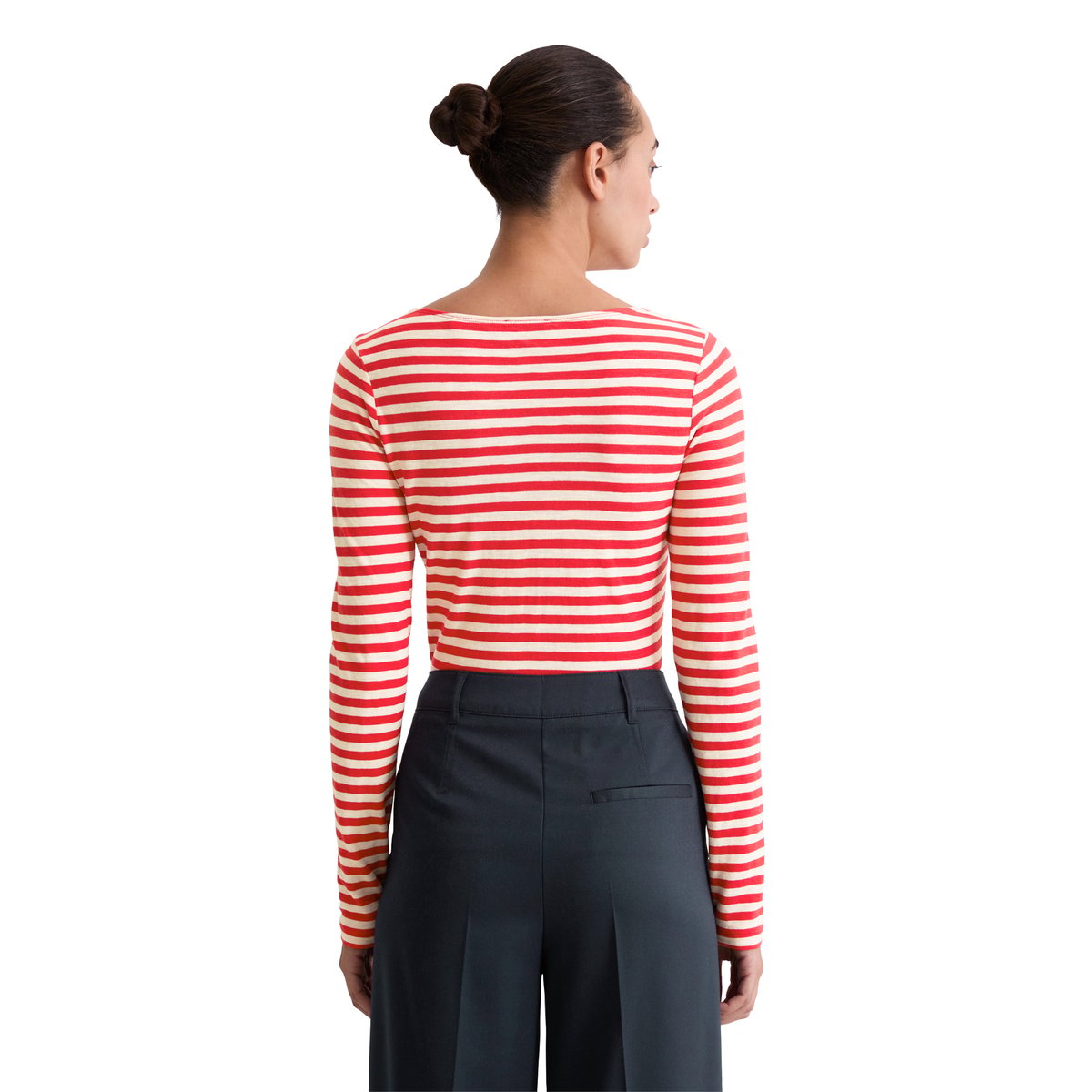 T-shirt long rayé regular en Organic Cotton Slub Jersey rouge, MARC O'POLO