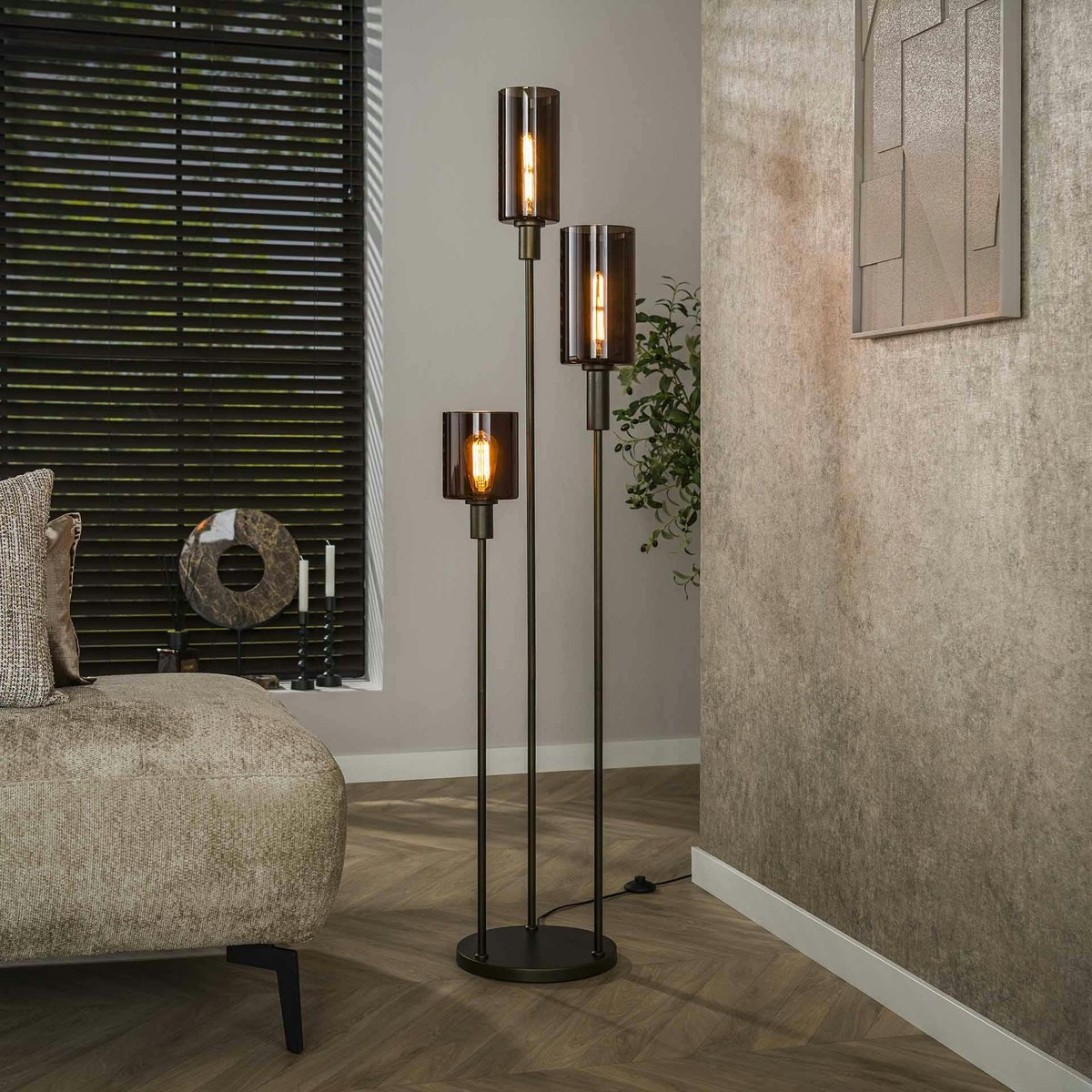 Lampadaire vintage en verre brun – 3 lampes, tiges bronze NOVA marron, PIER IMPORT