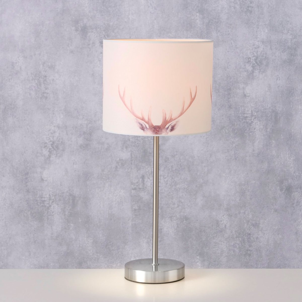 Lampe à poser en métal et abat-jour tissu motif cerf 18x18x40cm blanc, WADIGA