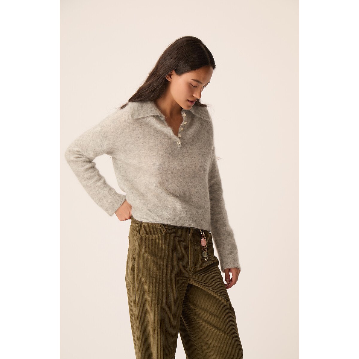 Pull à grand col polo, DOMITILLE gris chiné, DES PETITS HAUTS