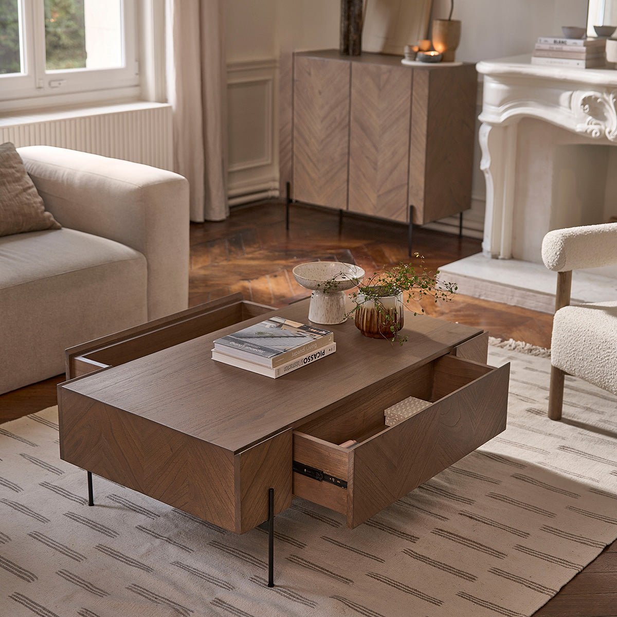 Table basse en bois massif 120 cm 2 tiroirs CALIX marron, BERAH GETAH