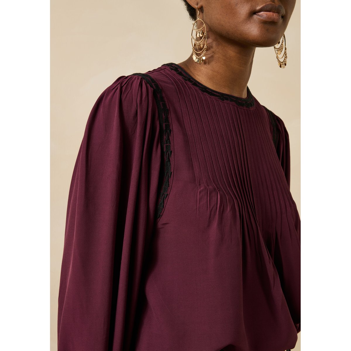 Top plissé manches longues bordeaux / noir, LA FEE MARABOUTEE