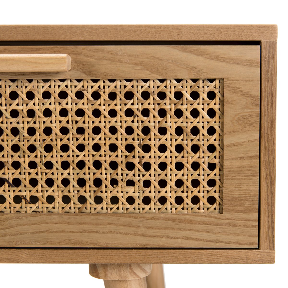 Meuble TV 120cm en bois avec cannage rotin 3 tiroirs style vintage PALMA bois naturel, PIER IMPORT