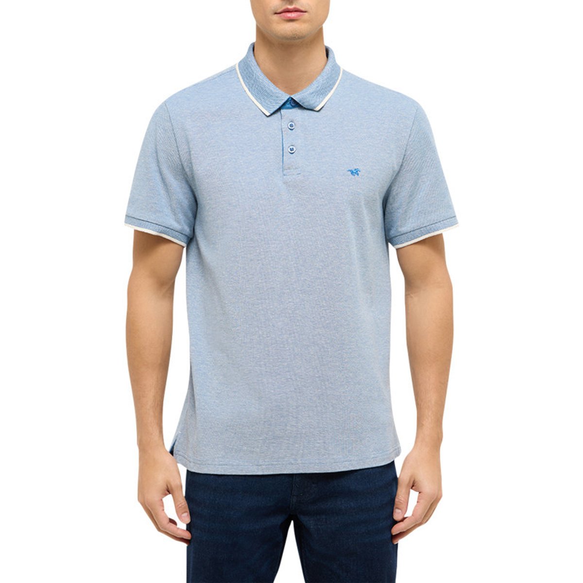 Polo en coton bleu uni pourvu d'un col boutonné et d'une coupe droite bleu, MUSTANG