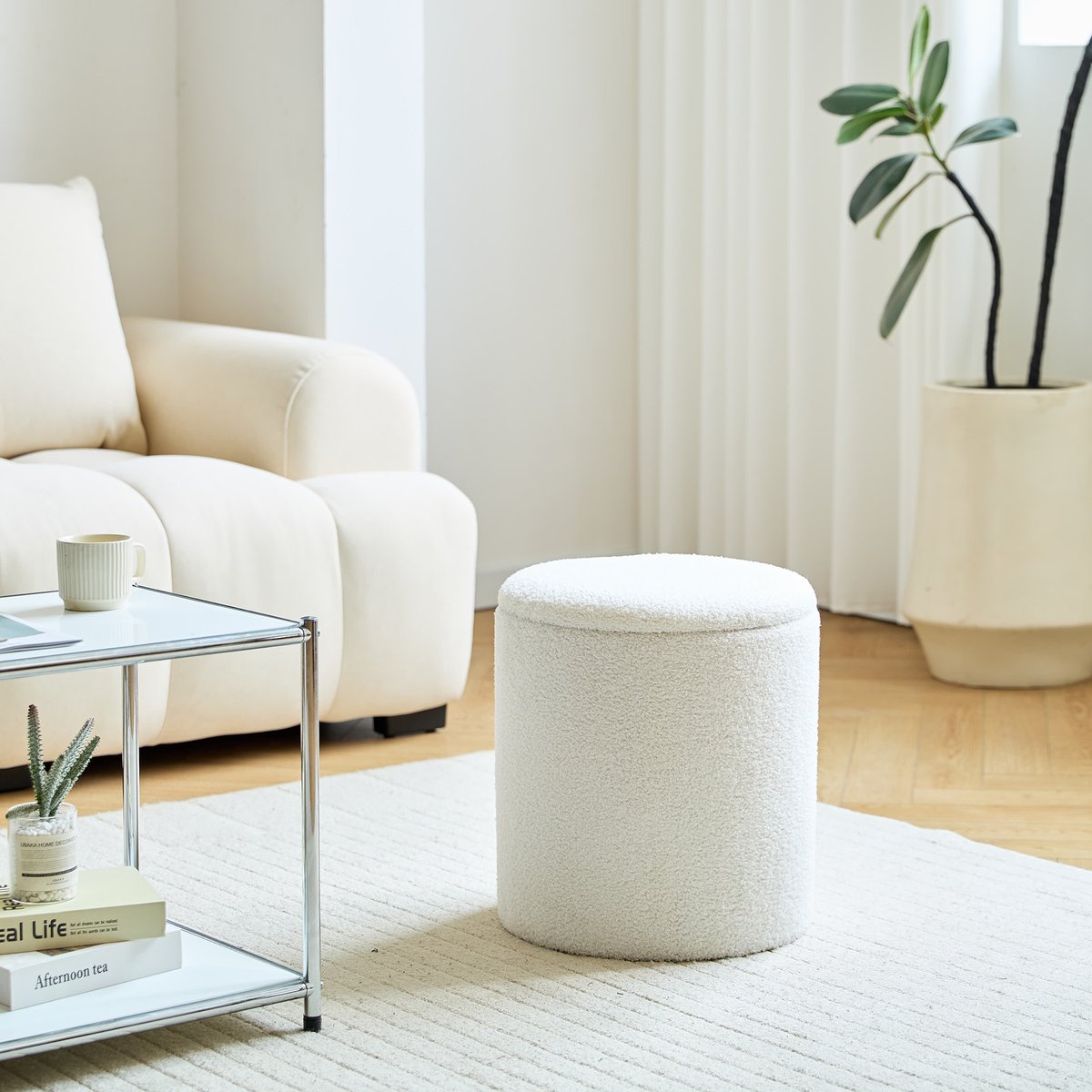 Set de 3 poufs avec rangement, bois, bouclette, NARVIK blanc cassé, NORDLYS
