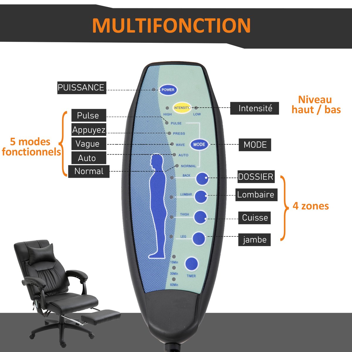 Fauteuil de bureau avec fonction massage noir, HOMCOM