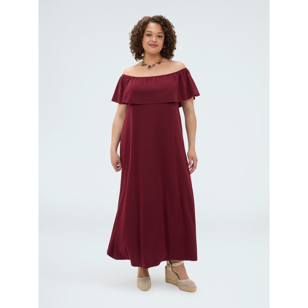 Robe longue Chill à épaules dénudées avec volants burgundy, FIORELLA RUBINO