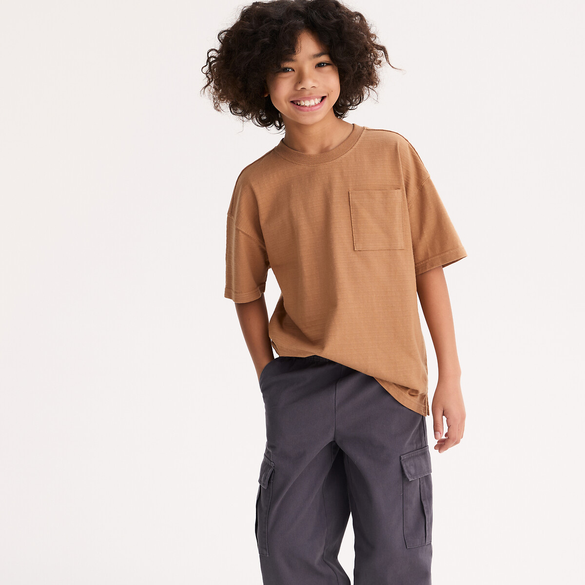 T-shirt col rond, manches courtes, avec poche poitrine camel, LA REDOUTE COLLECTIONS