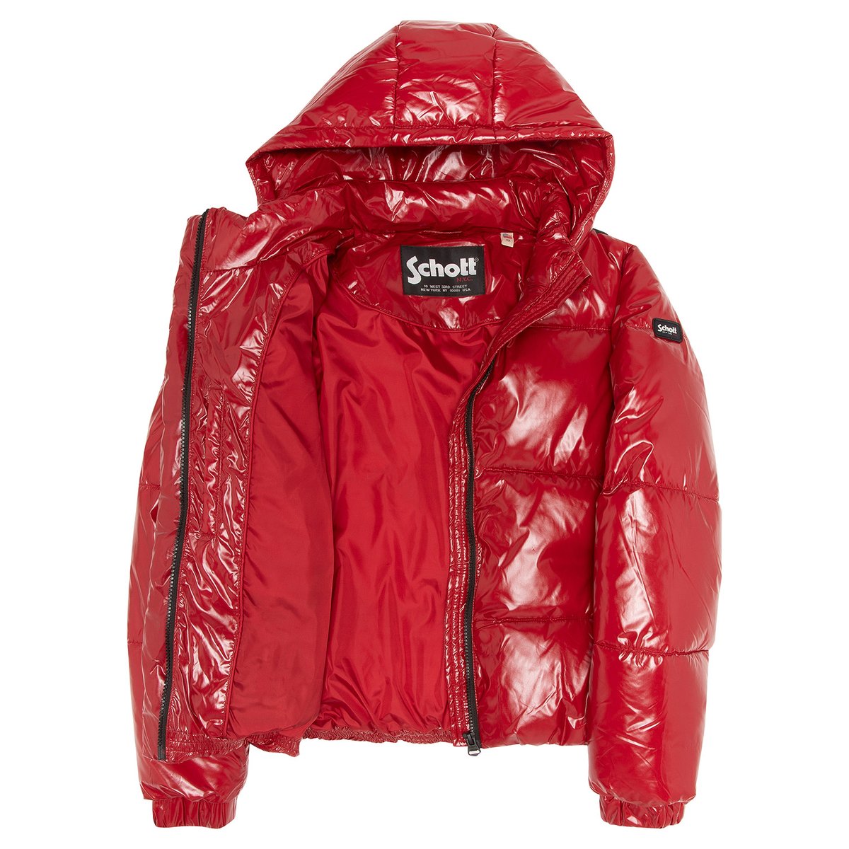 Blouson shiny à capuche enfant rouge, SCHOTT