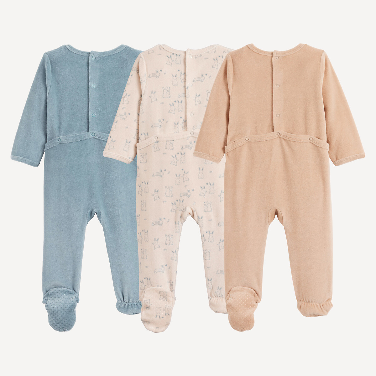 Lot de 3 pyjamas 1 pièce, en velours, motif lapin imprimé écru + beige + bleu, LA REDOUTE COLLECTIONS