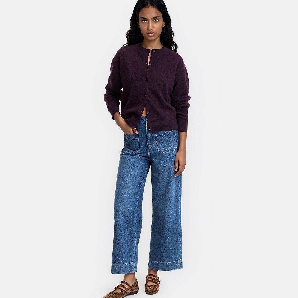 Cárdigan de punto fino de cachemira con cuello redondo violeta oscuro, LA REDOUTE COLLECTIONS