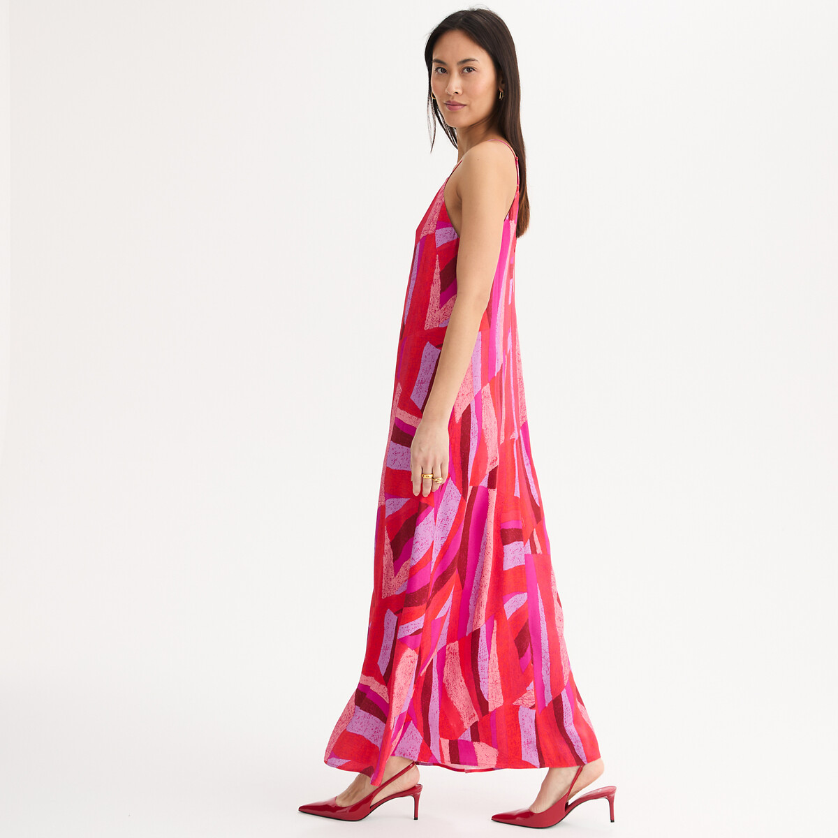 Robe longue à fines bretelles imprimée en viscose imprimé corail, ANNE WEYBURN