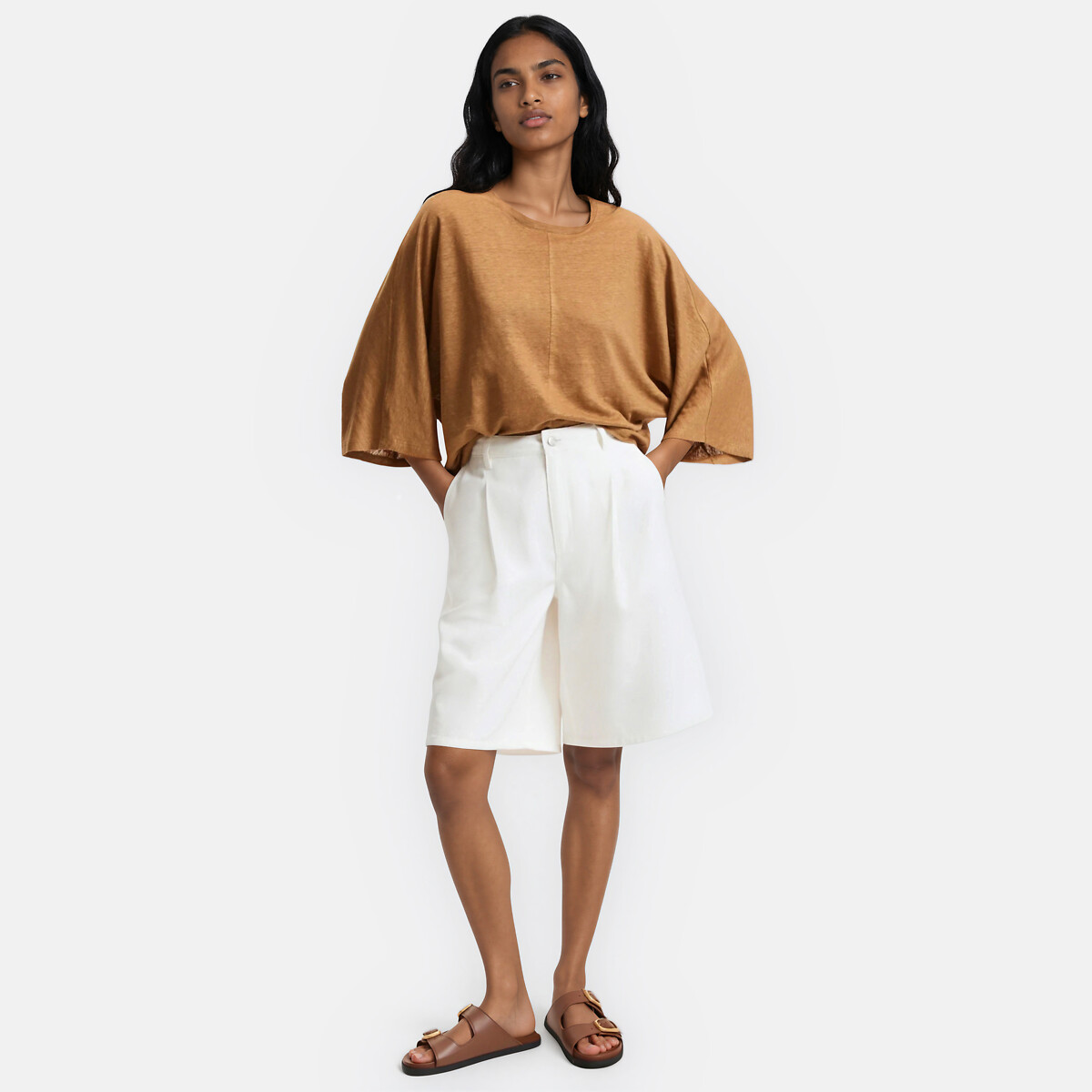 T-shirt in lino, scollo rotondo, maniche ampie marrone nocciola, LA REDOUTE COLLECTIONS