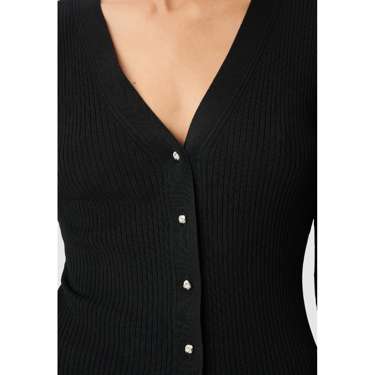 Cardigan col V tricot côtelé boutonné noir, IKKS