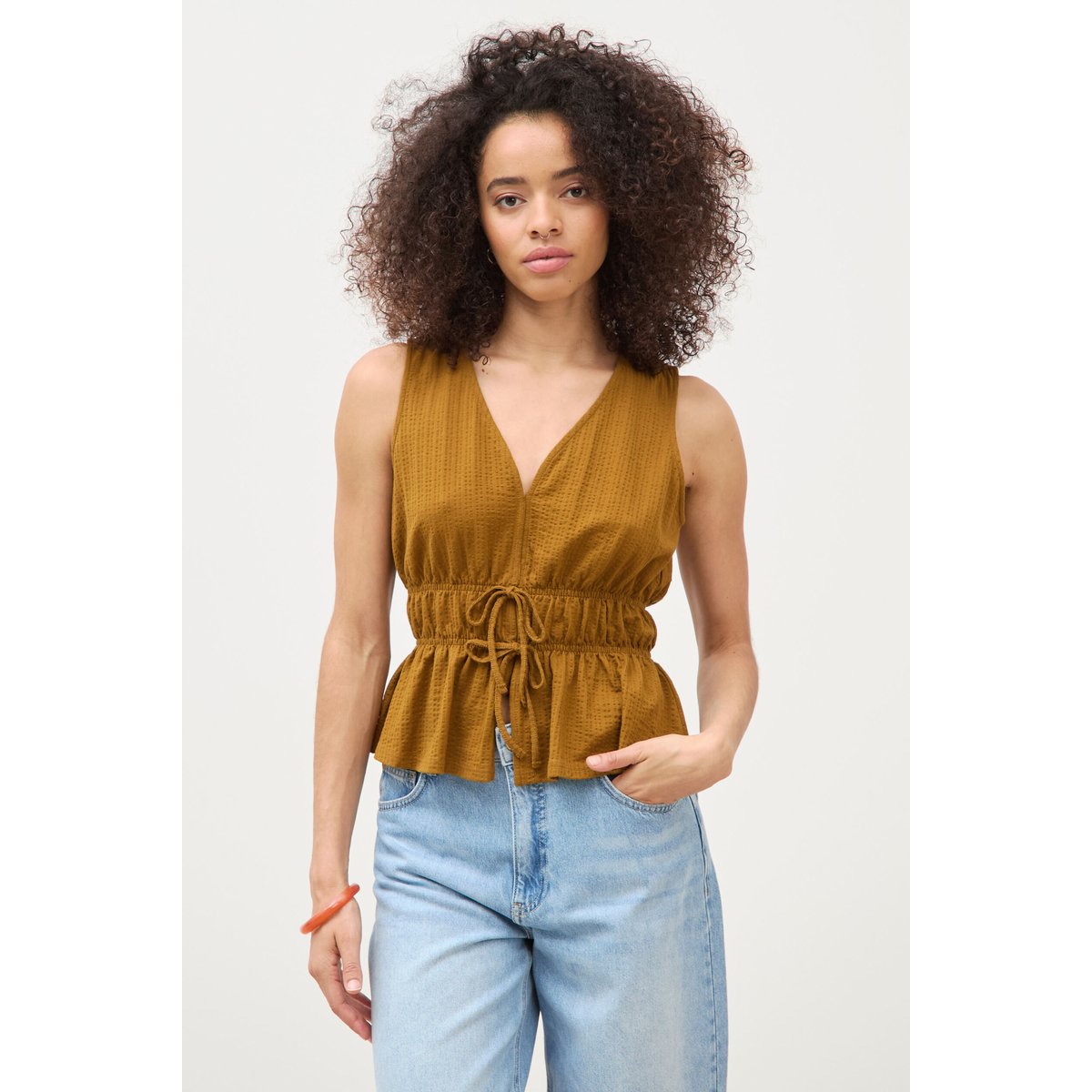Débardeur col v nœuds en coton vert olive, BONOBO