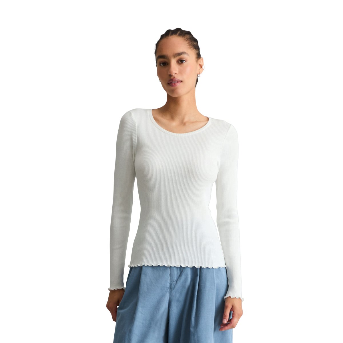 T-shirt à manches longues ajusté en coton organique stretch blanc, MARC O’POLO DENIM