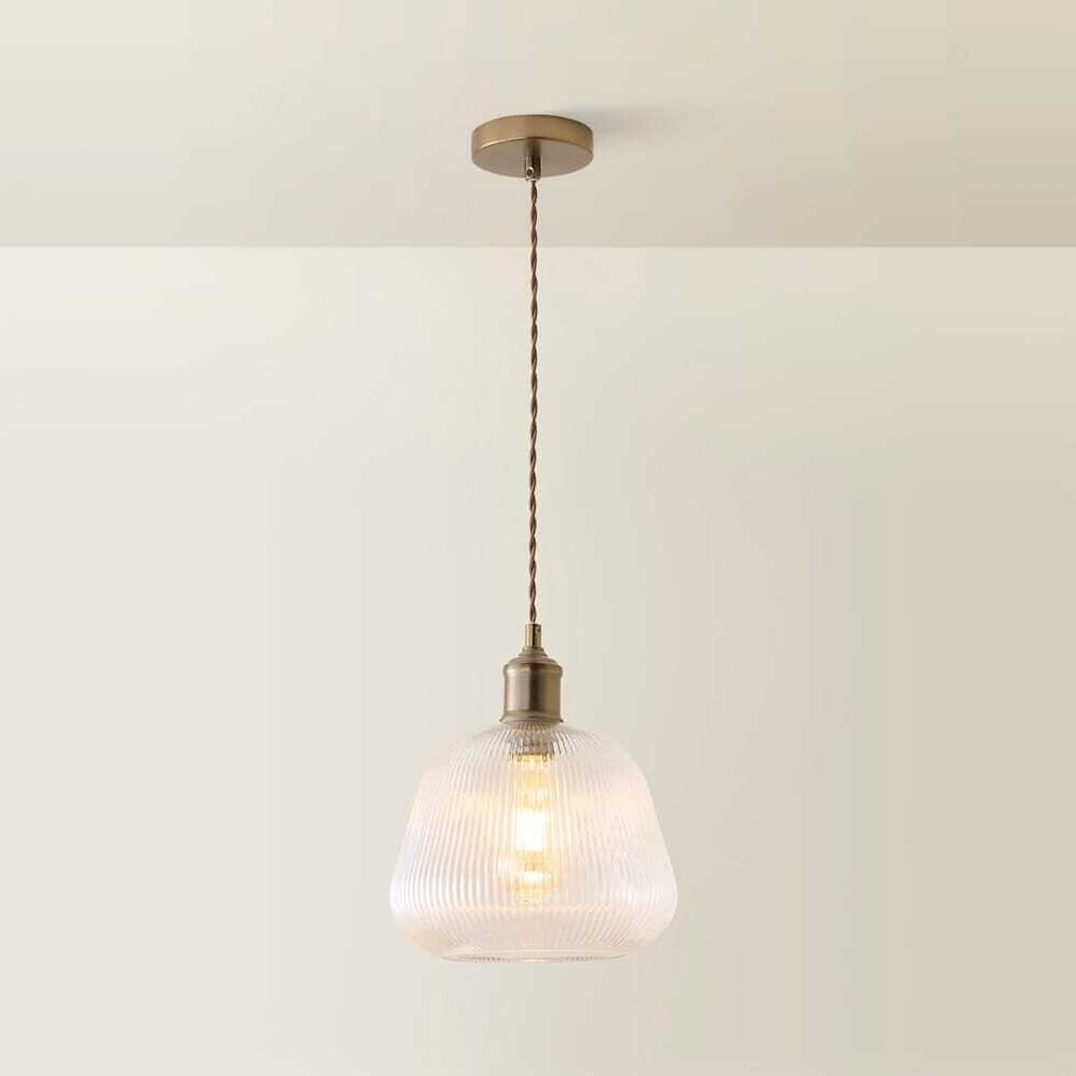 Delaney Ribbed Bell Glass Pendant Light with Filament Bulb brushed brass, ÉDITÉ