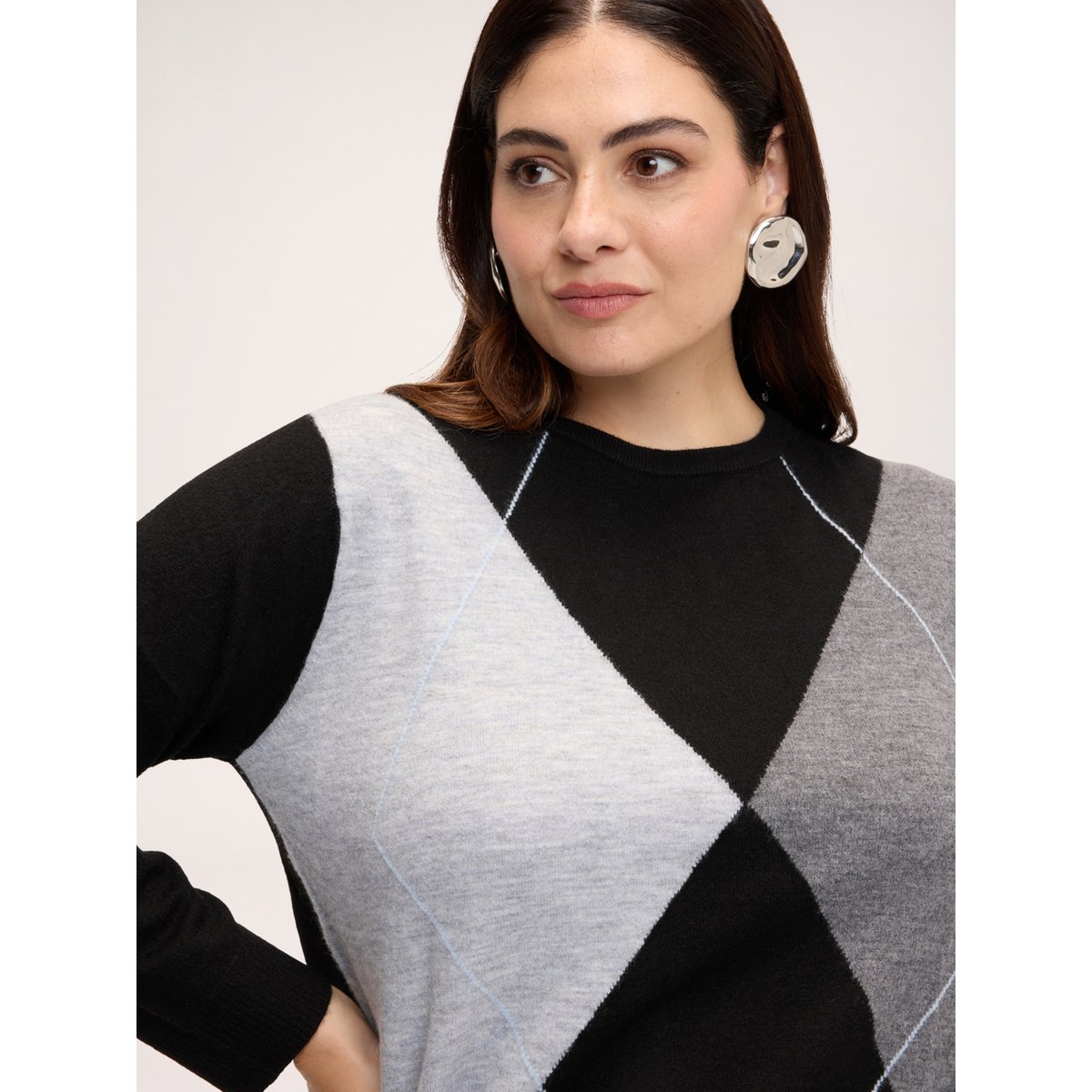 Pull col rond à motif argyle gris, FIORELLA RUBINO