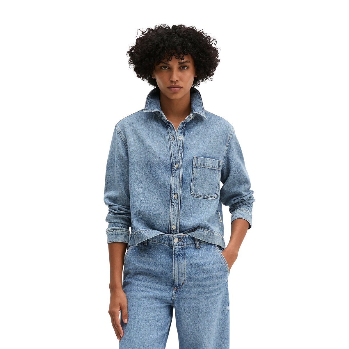 Blouse en jean relaxed en mélange de lyocell, de lin et de coton bleu clair, MARC O'POLO