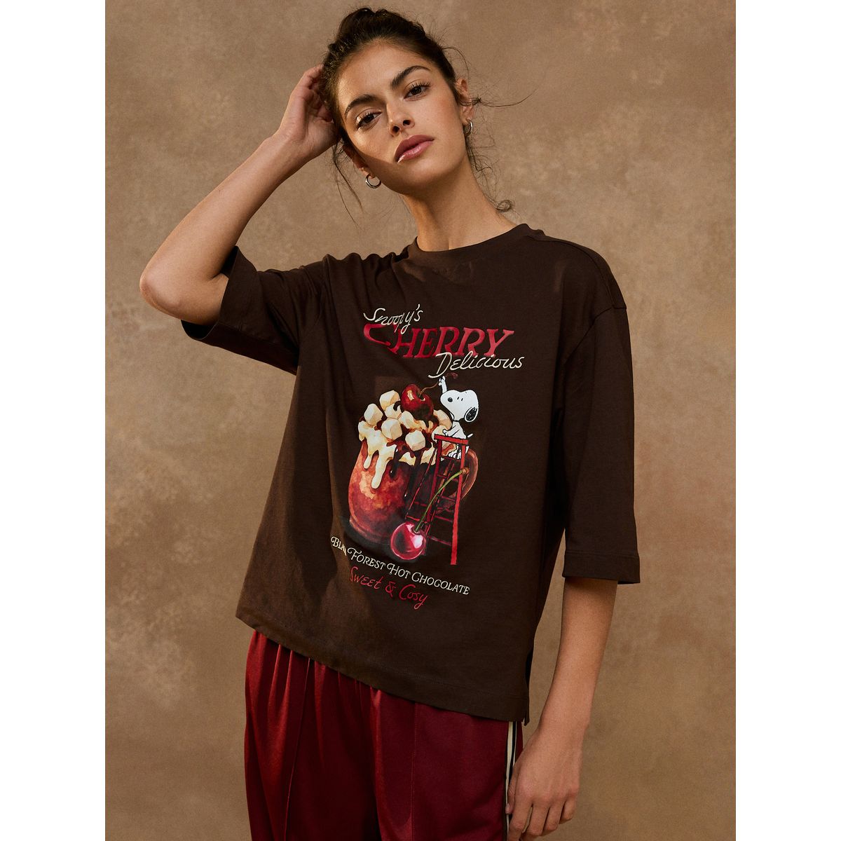 T-shirt ras du cou à manches 3/4 licence snoopy marron, NEXT