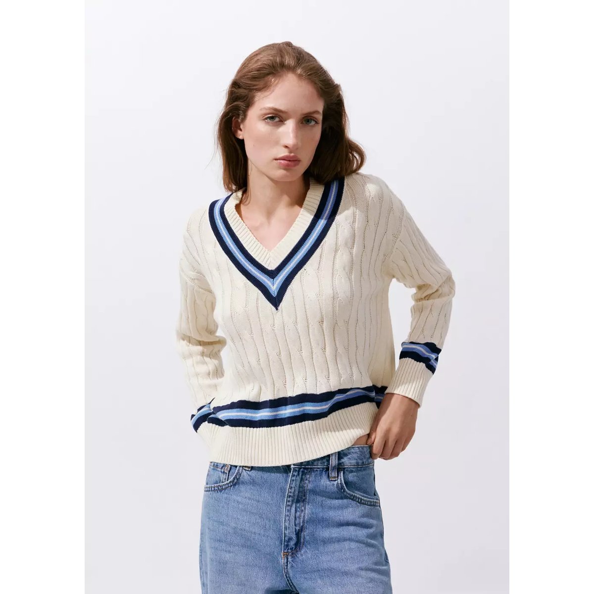 Pull-over maille tressée écru, MANGO