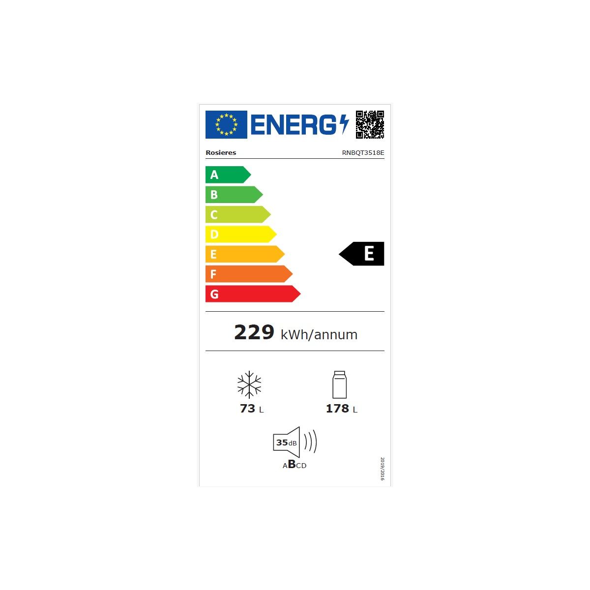 Réfrigérateur combiné encastrable RNBQT3518E couleur unique, ROSIERES