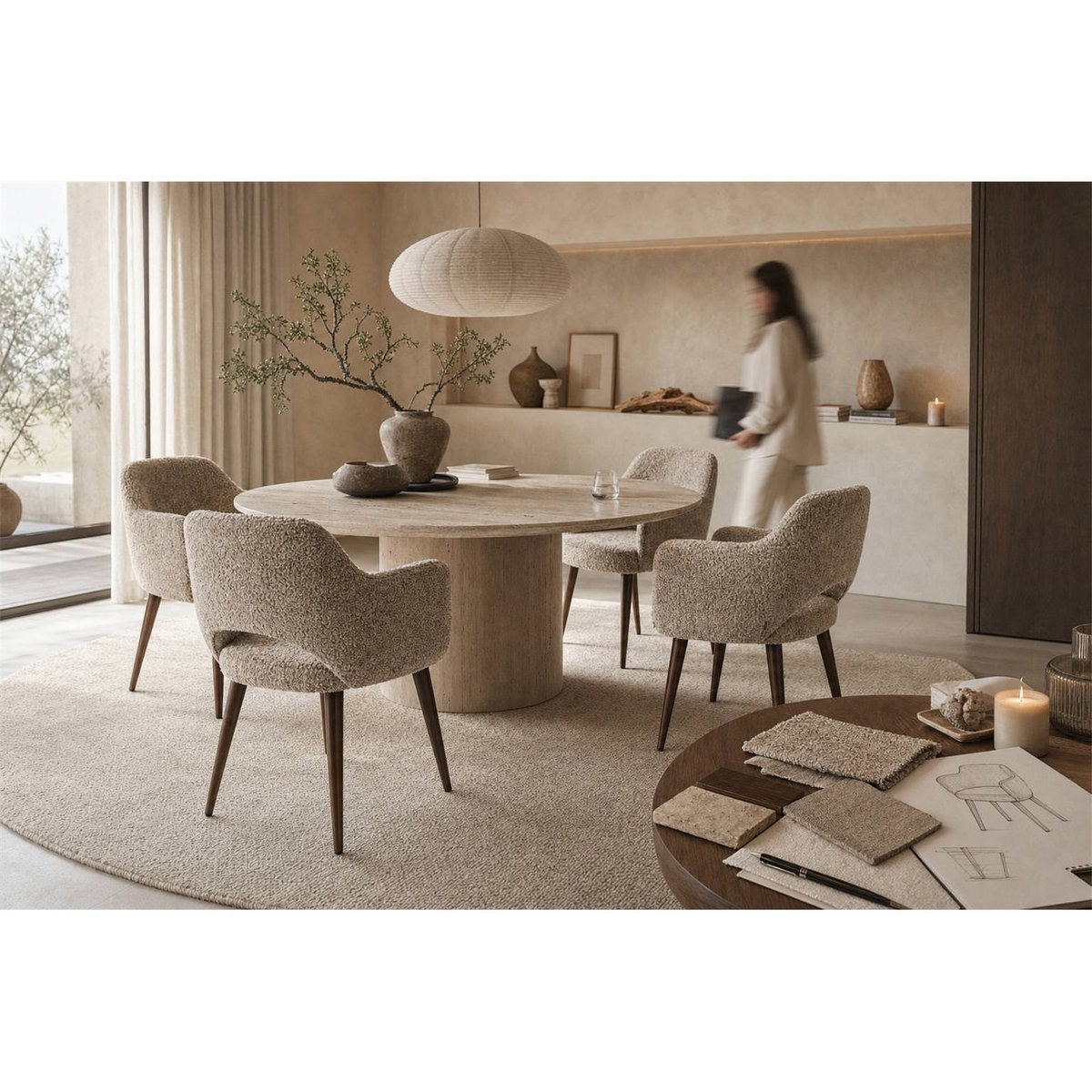 Chaise de repas bouclée avec accoudoirs beige naturel chiné, RECOLLECTION