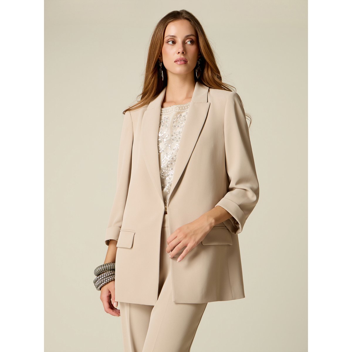 Blazer droit à manches trois-quarts beige, OLTRE