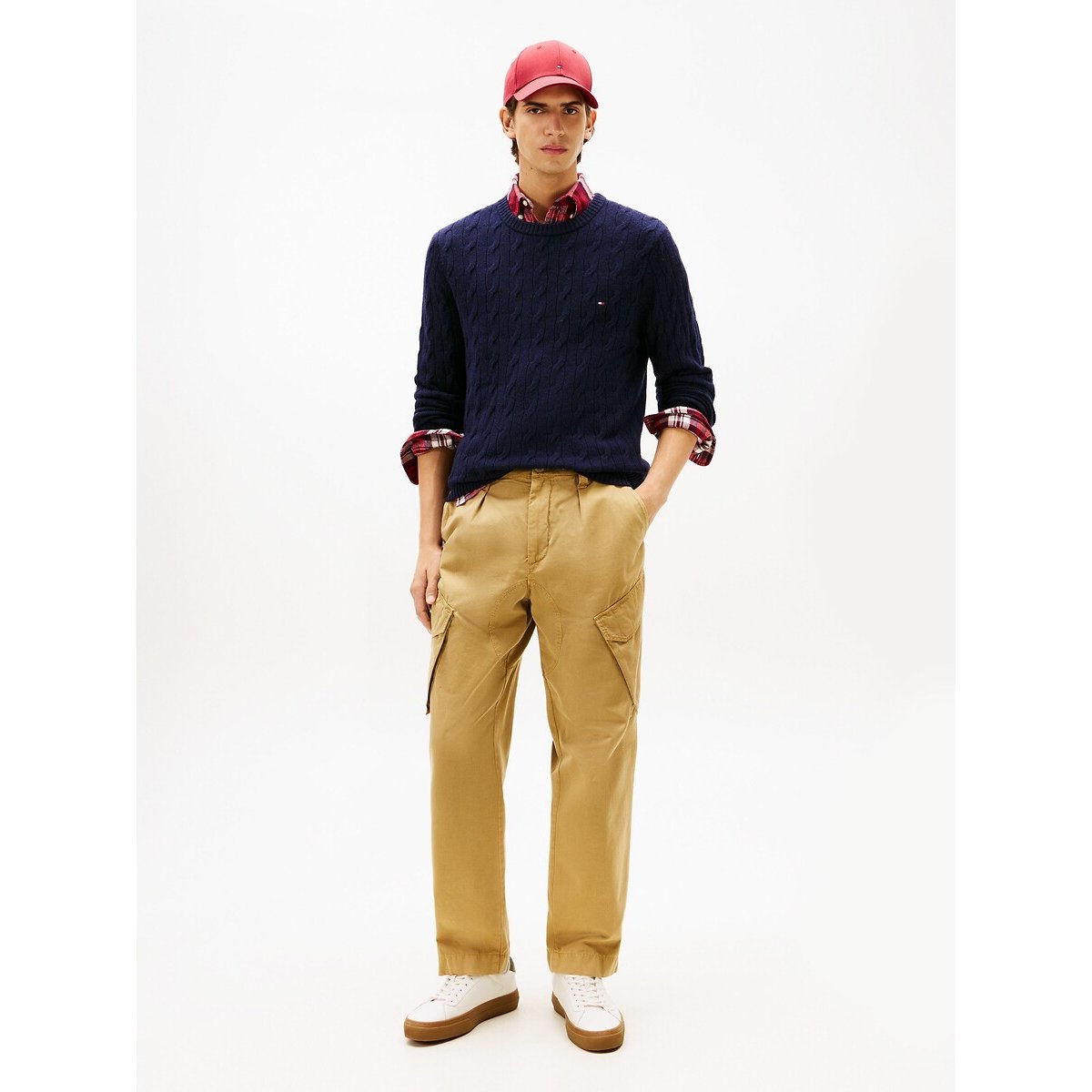 Pull col rond en laine torsadé bleu marine, TOMMY HILFIGER