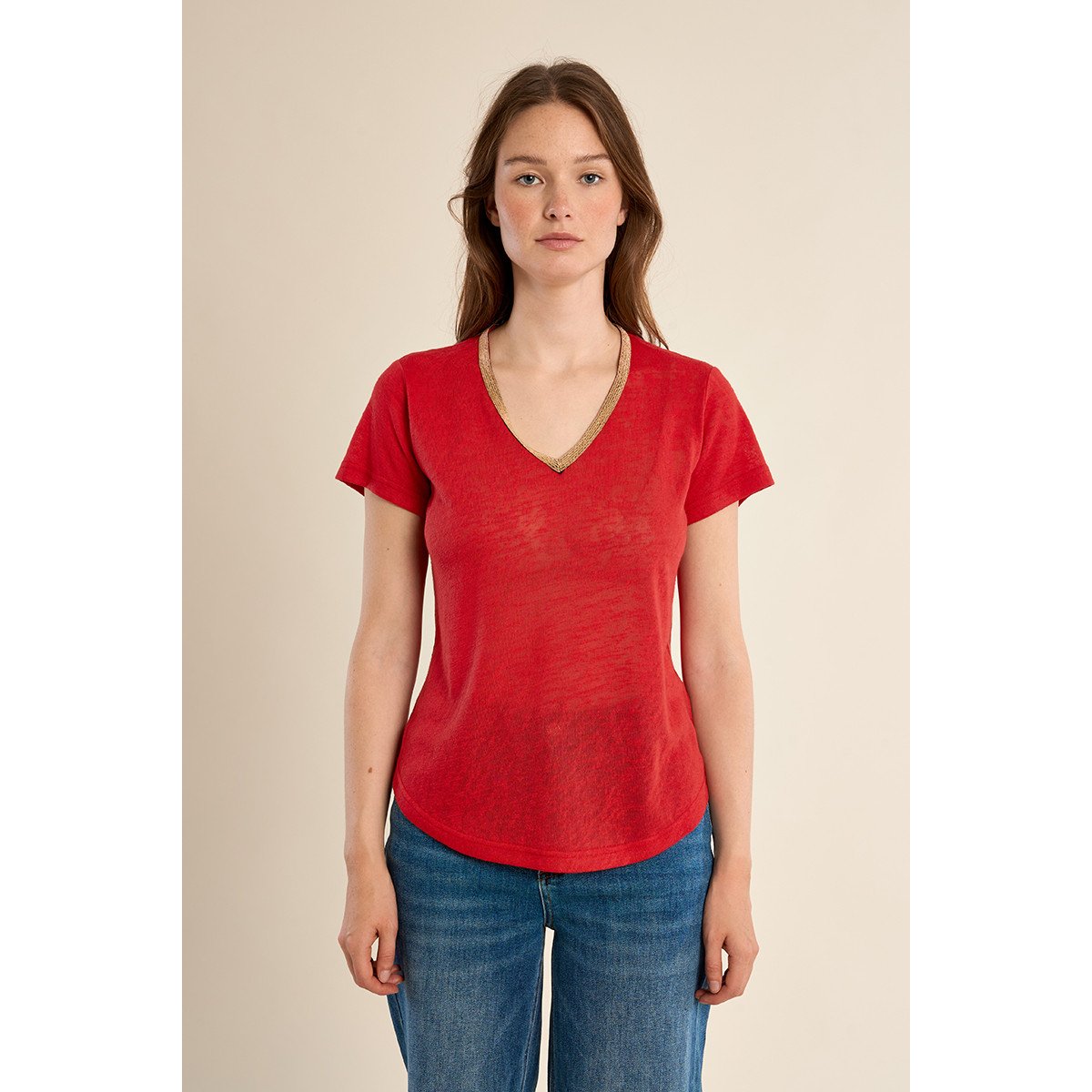 T-shirt col V, doré rouge, MOLLY BRACKEN