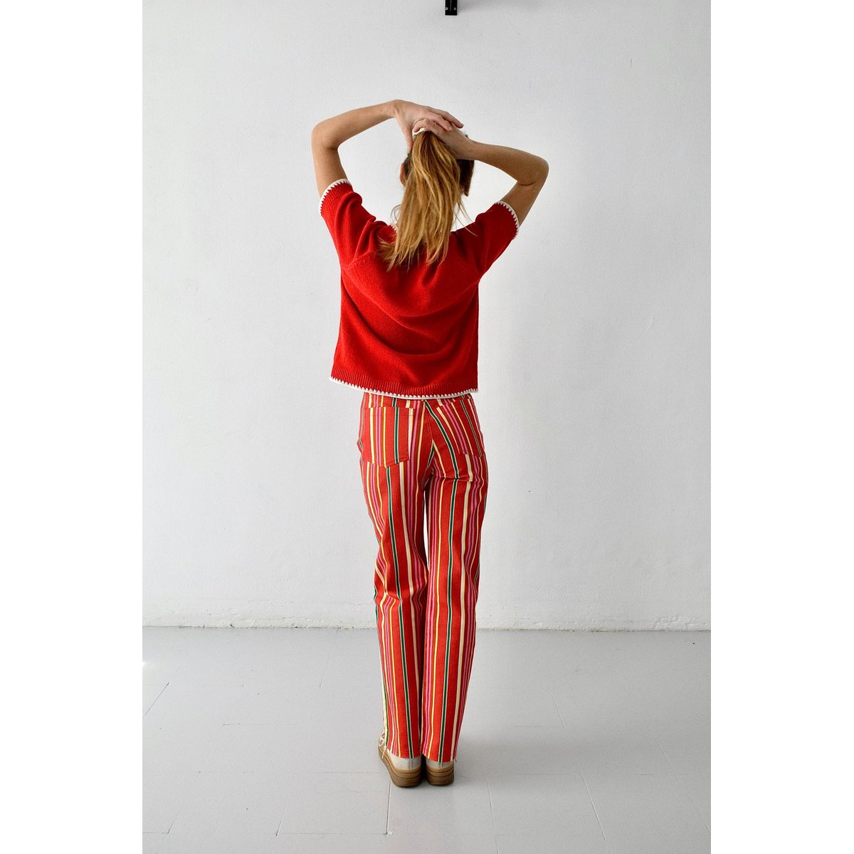 Jean rayé taille mi-haute INÉS rouge, MINDTRAVELER