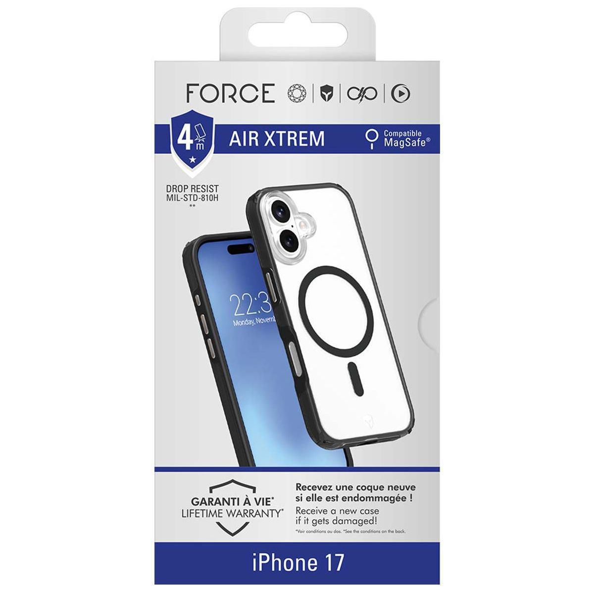 Coque iPhone 17 MagSafe Xtrem Noir couleur unique, FORCE CASE