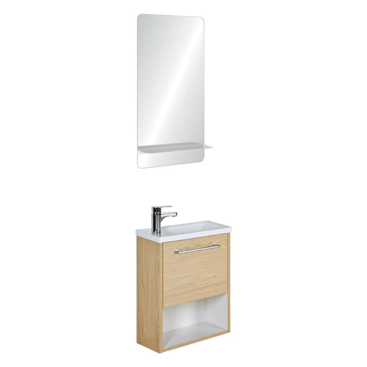 Ensemble lave-mains avec niche, robinet et miroir tablette NIKA chêne et blanc, MOB IN