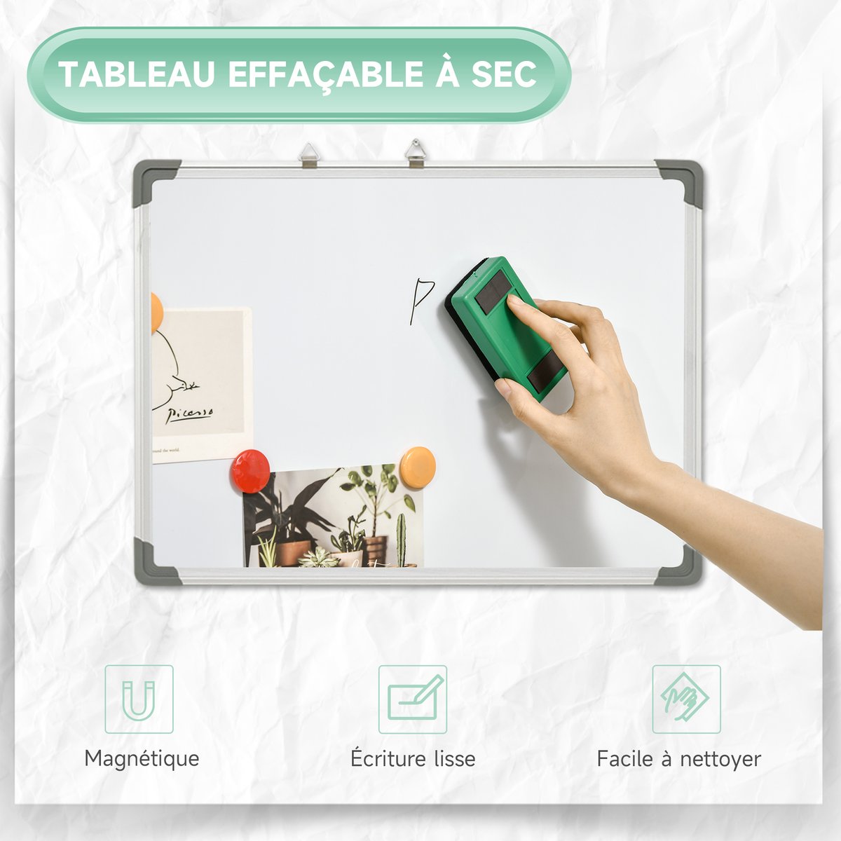 Tableau blanc aimanté magnétique dim. 60L x 45H cm avec accessoires blanc, HOMCOM