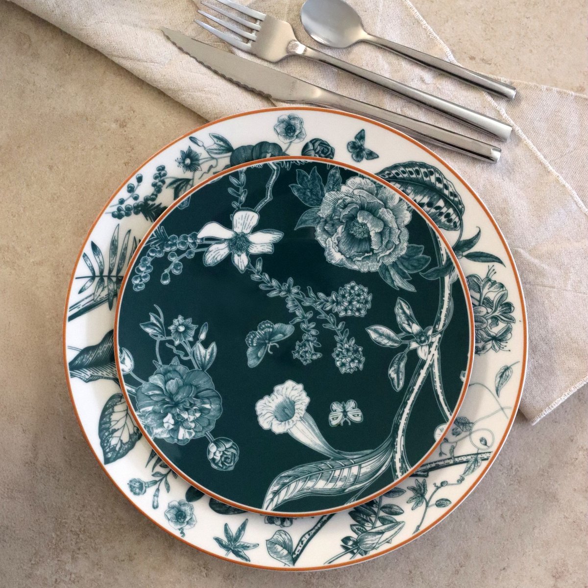 Lot de 6 assiettes à dessert en porcelaine 20cm, BOTANIC blanc-vert, NOVASTYL