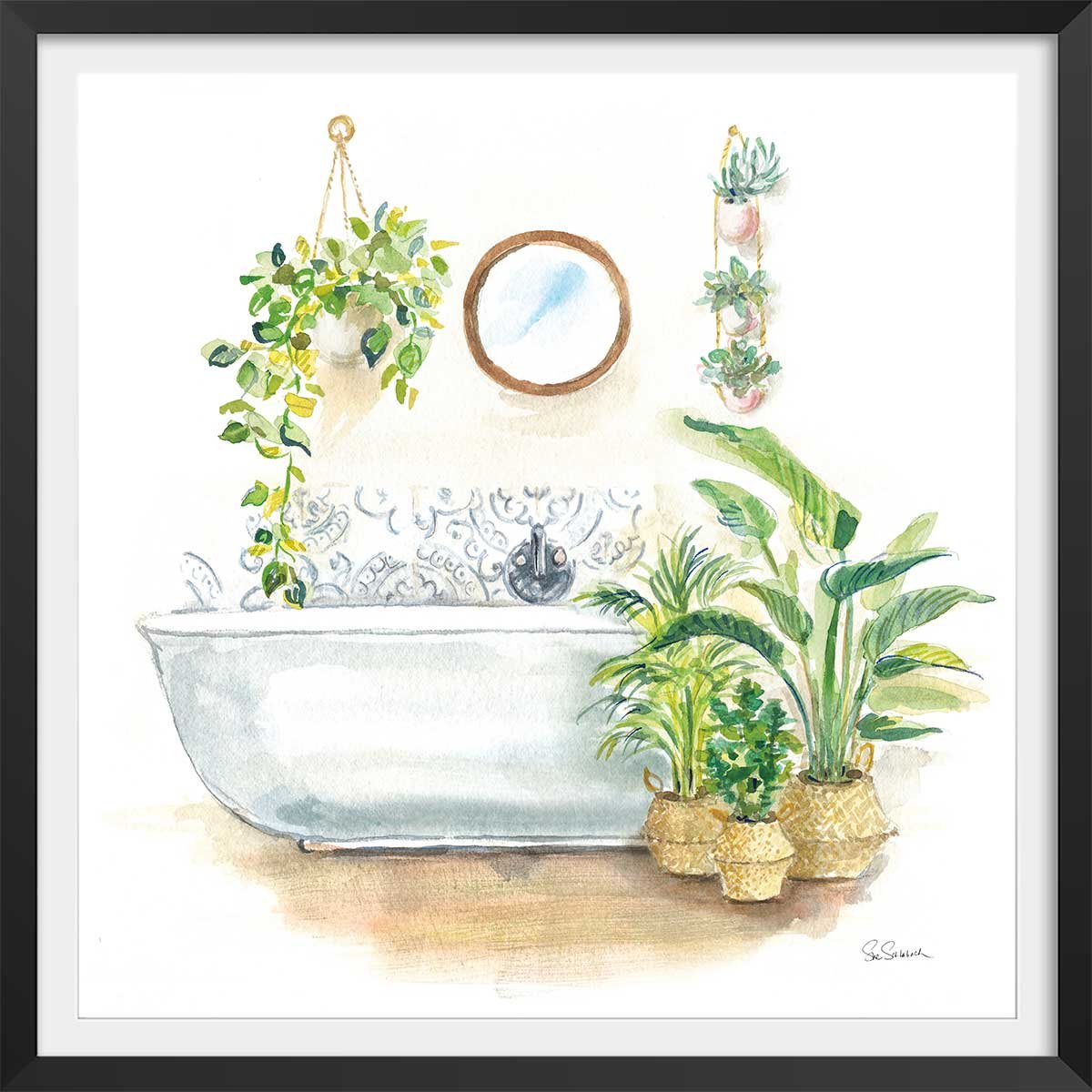 Affiche Baignoire tropicale affiche + cadre en bois - noir, HEXOA