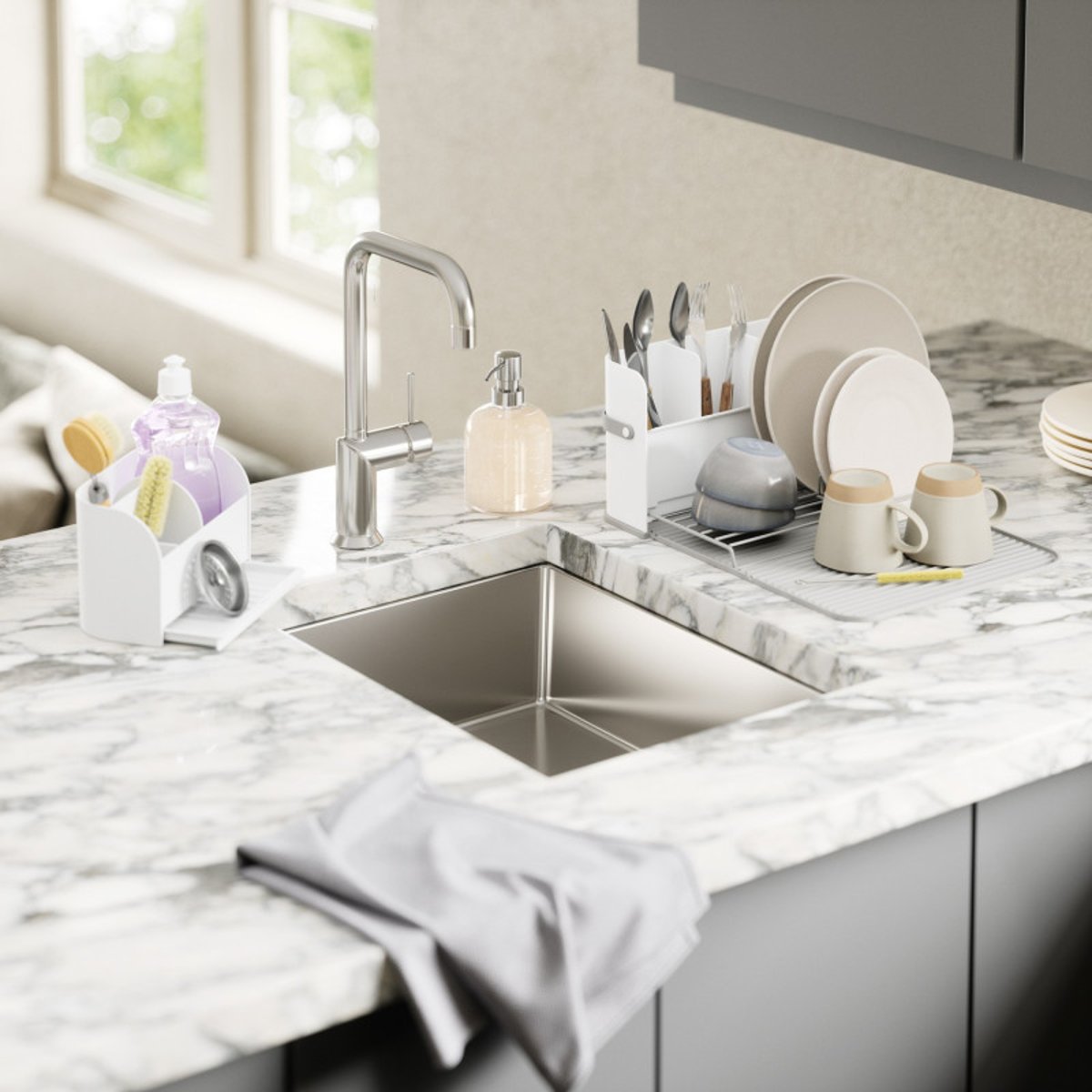 Porte éponge cuisine pompe à savon SLING blanc, UMBRA