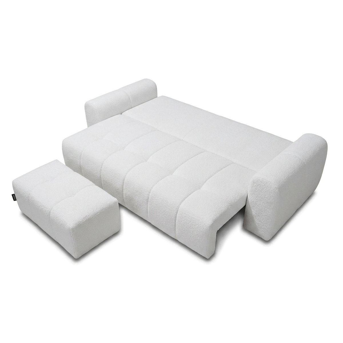 Canapé droit convertible 3 places en tissu bouclette avec pouf, ROXELANE blanc, BOBOCHIC