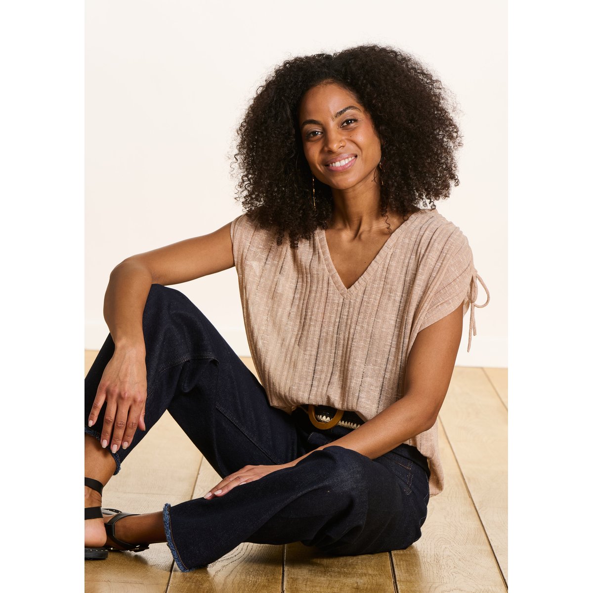 T-shirt ample irisé col V light gold, LA FEE MARABOUTEE