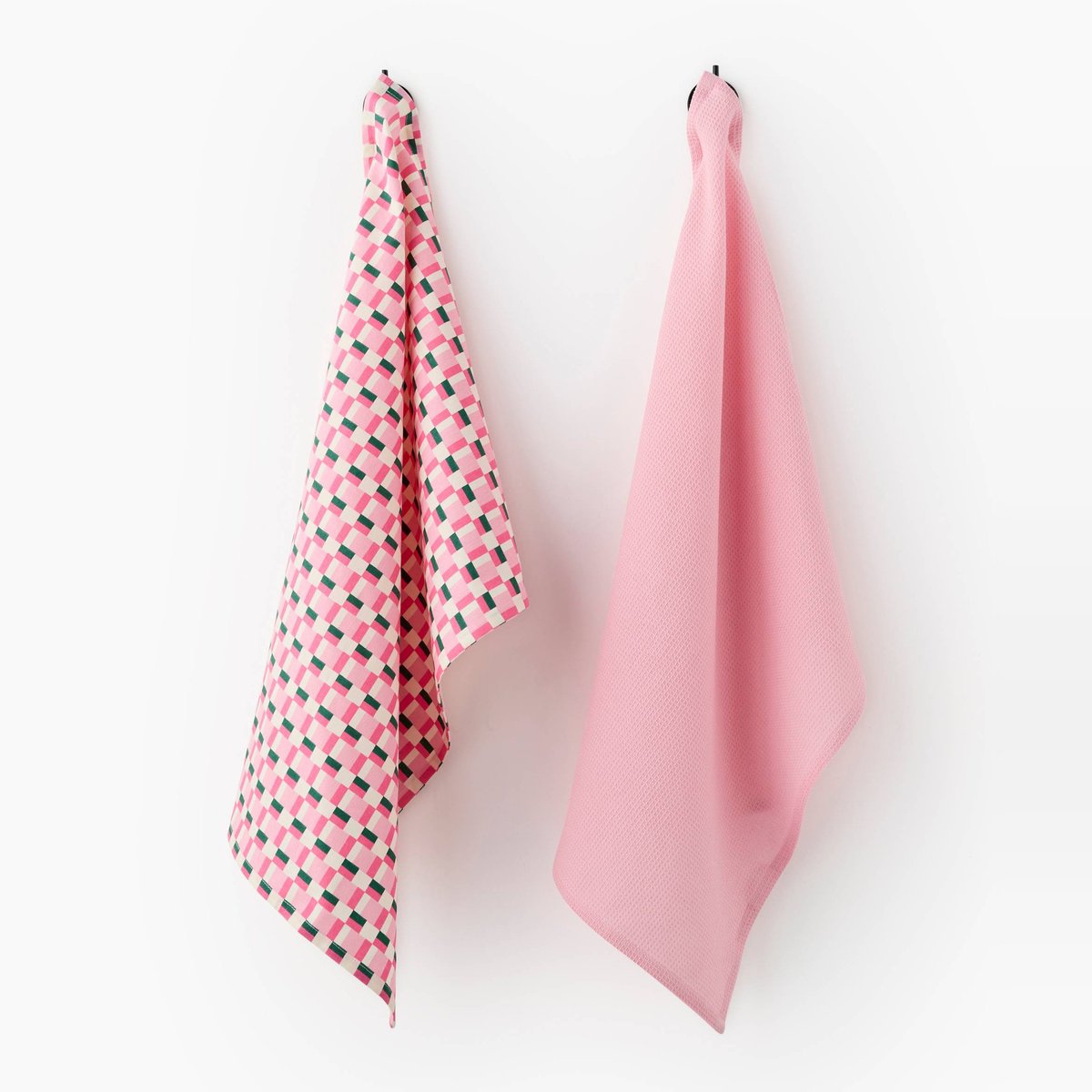 Lot de deux torchons imprimé et nid d'abeille , 50x70cm, 100% coton pink, MONOPRIX