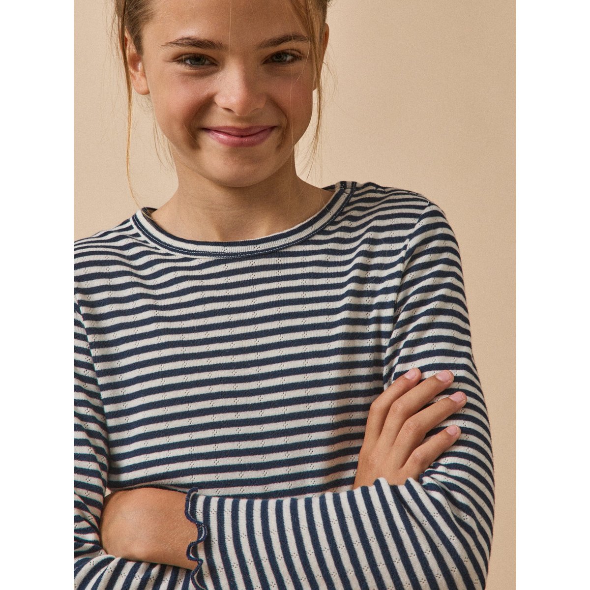 T-shirt en pointelle - coton biologique rayure marine/ecru, CYRILLUS