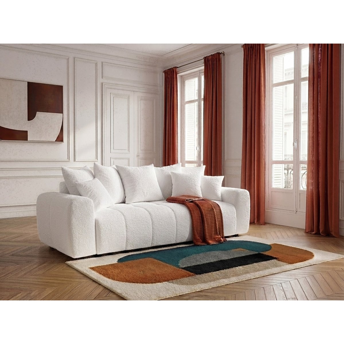 Canapé droit convertible 3 places en tissu bouclette, ROXELANE blanc, BOBOCHIC