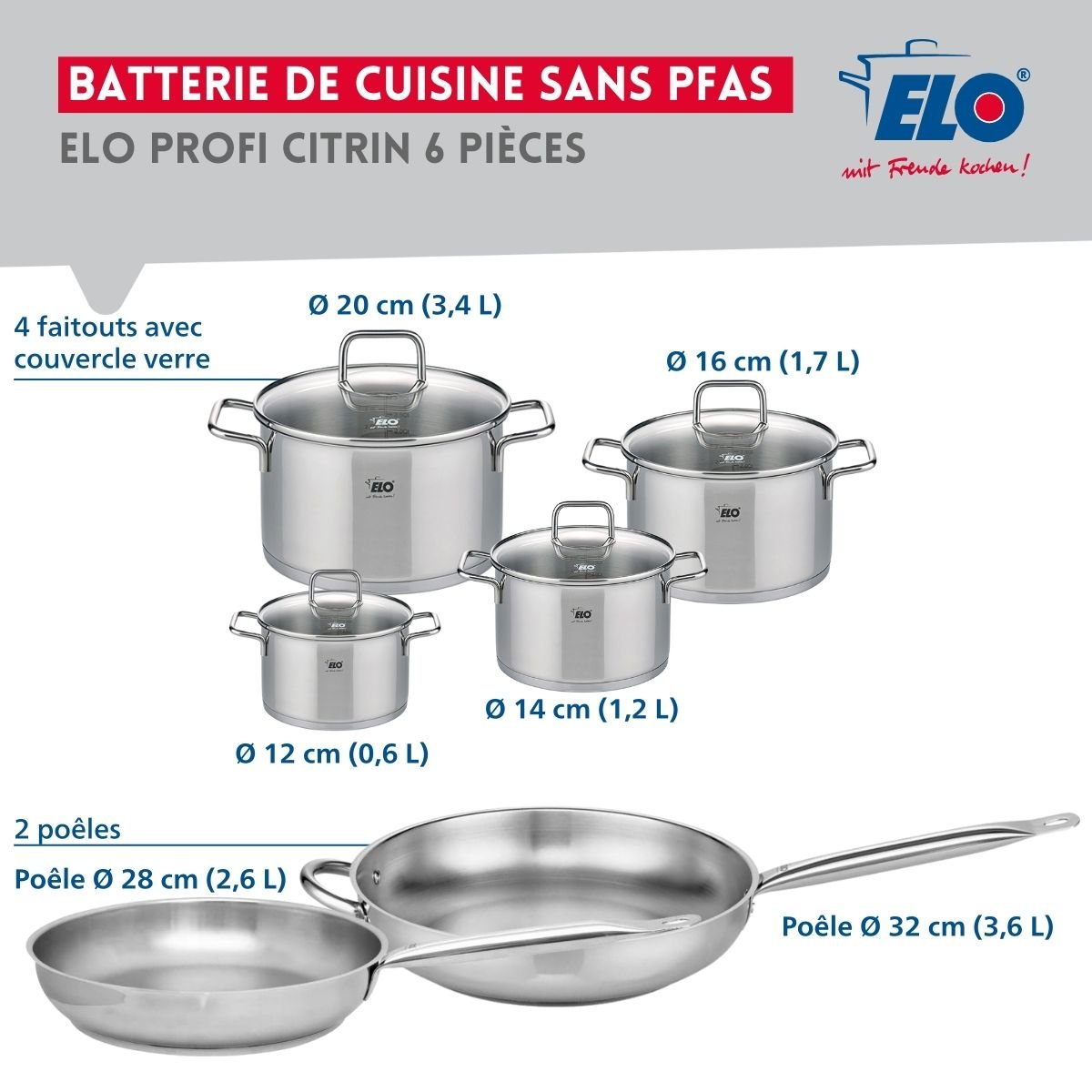 2 poêles 28/32cm + 4 faitouts 12/14/16/20cm PROFI CITRIN inox, ELO