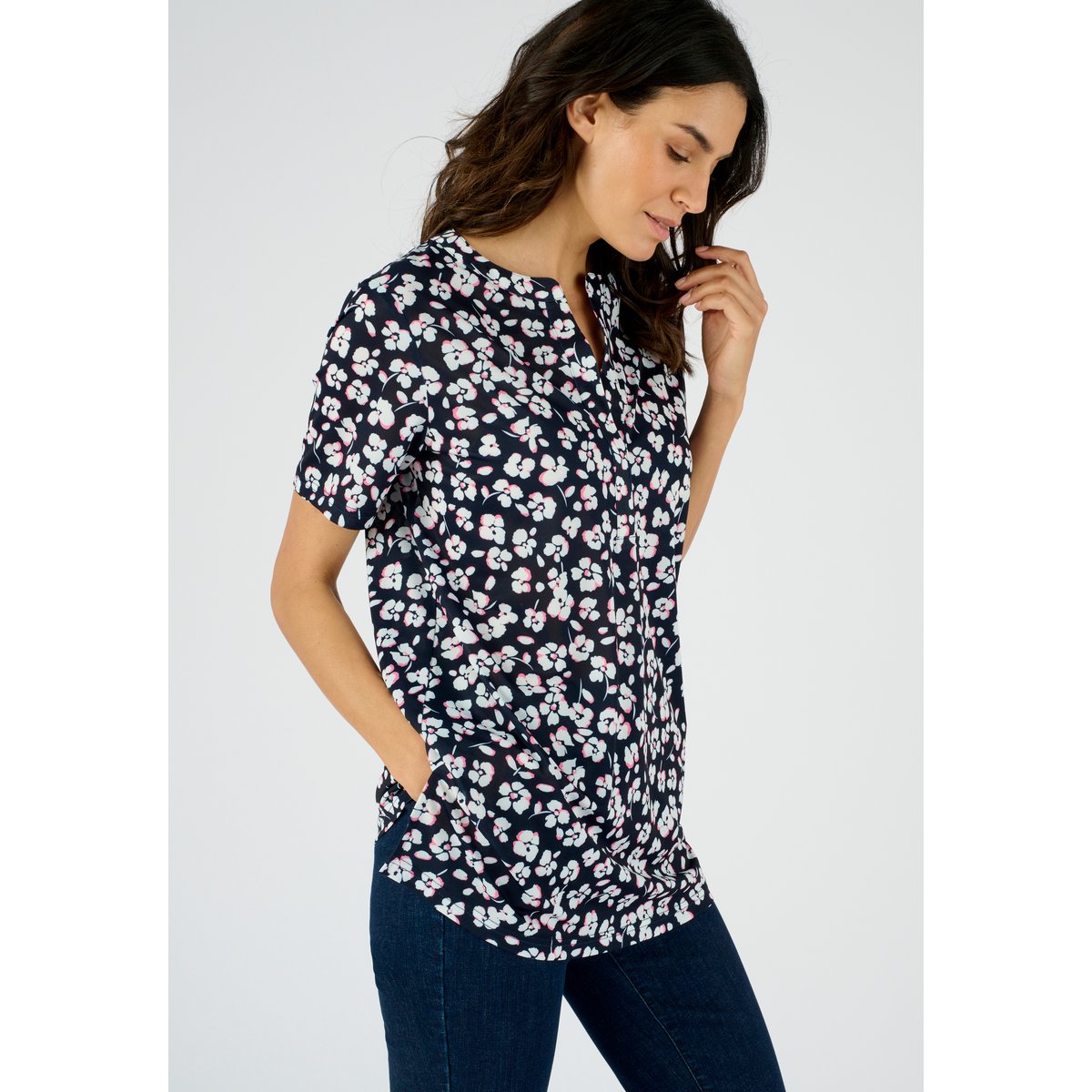 Tunique maille crêpe stretch fleurie bleu marine fleuri, DAMART